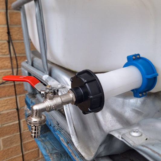IBC S60x6 swivel extender with cap and 1/2" barb lever tap, metal fittings