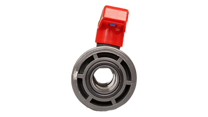 PVC stopcock end view showing circular port opening and red lever housing