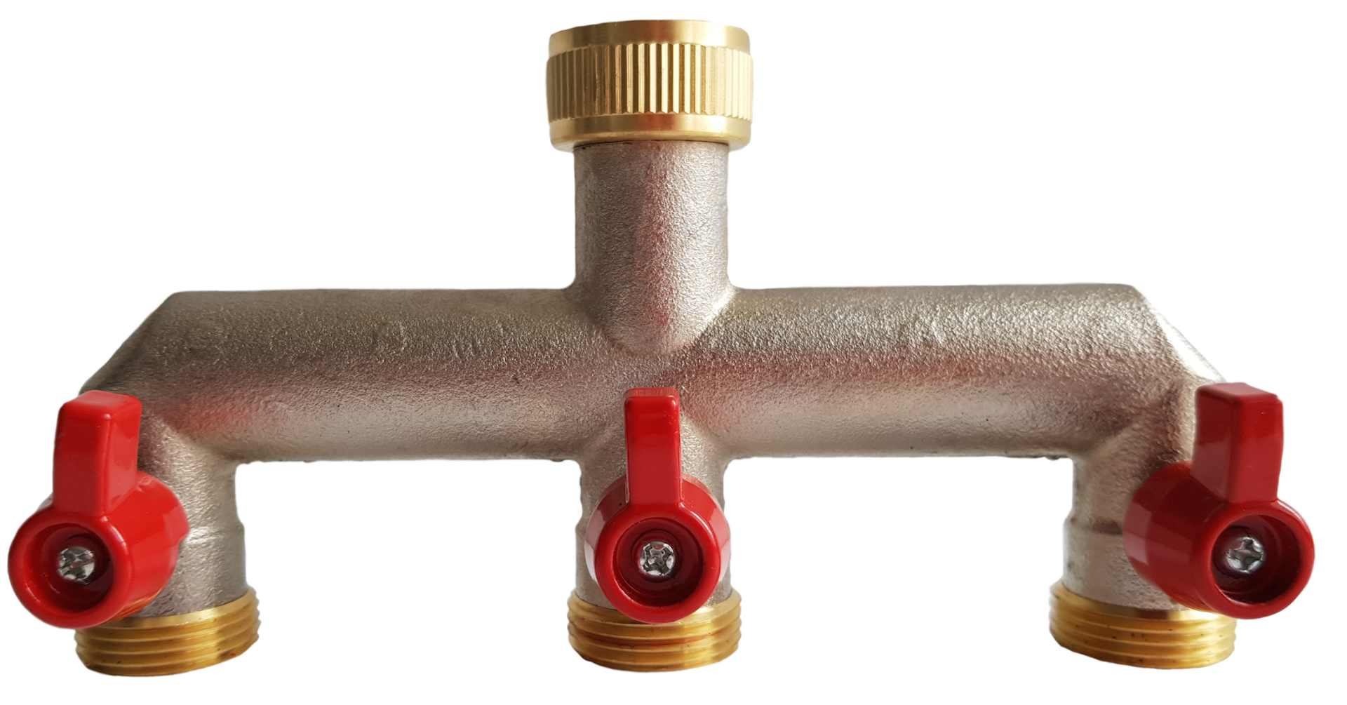 Brass three-way tap splitter with central inlet, three threaded outlets, and red shutoff caps