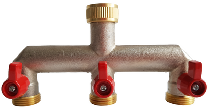 Brass three-way tap splitter with central inlet, three threaded outlets, and red shutoff caps