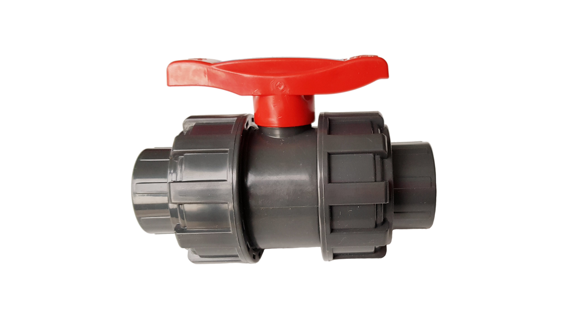PVC stopcock with red lever handle on dark body, 1/2" BSPF threaded inlet