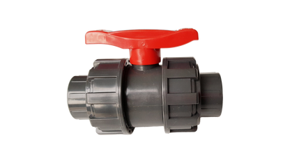 PVC stopcock with red lever handle on dark body, 1/2" BSPF threaded inlet