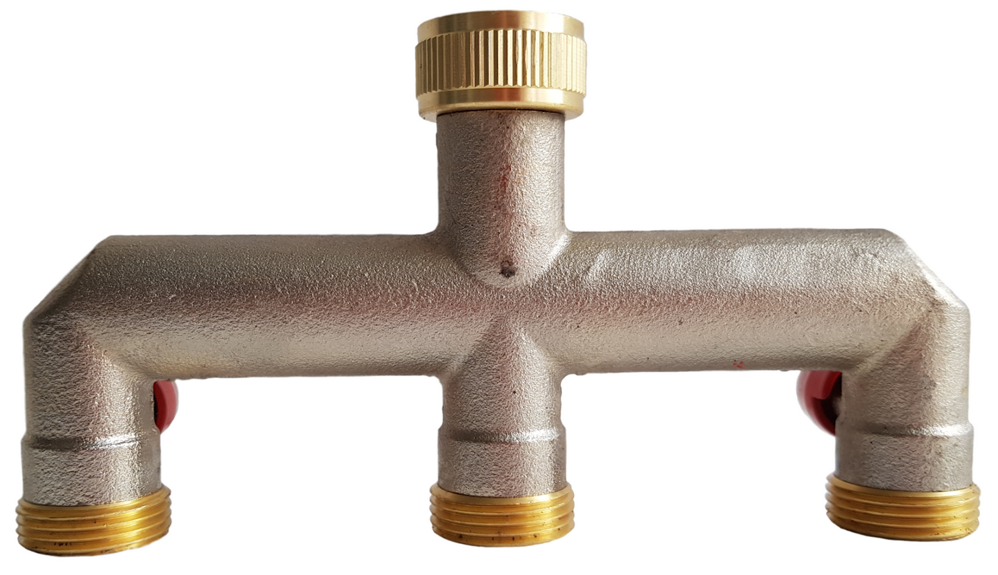 Front view of brass three-way tap splitter with three 3/4" BSP outlets and red handles