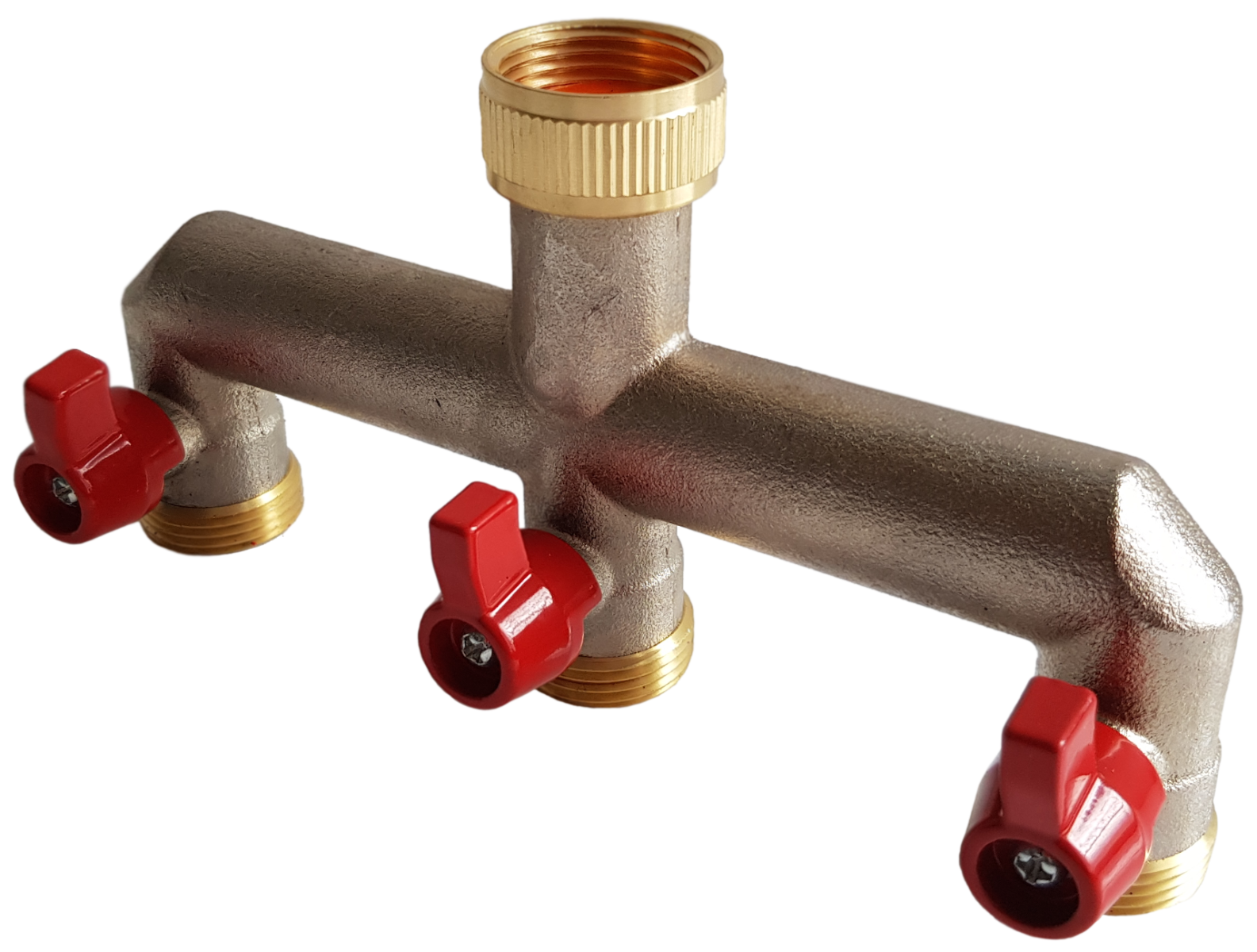 Brass three-way tap splitter with three red-capped outlets and visible 3/4" BSP threads