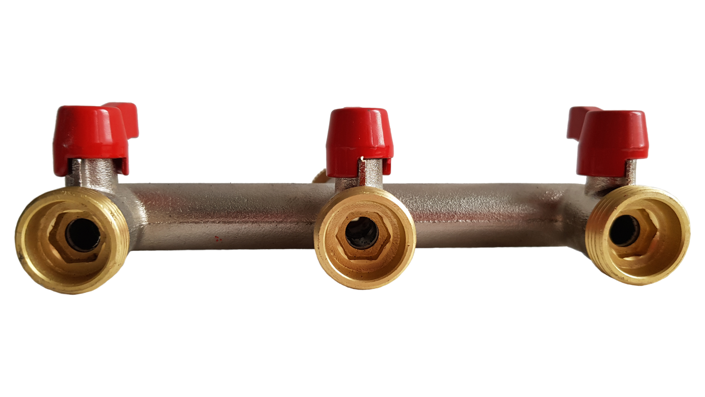 Three-way brass tap splitter underside with three red shutoff caps and threaded 3/4" BSP ends