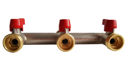 Three-way brass tap splitter underside with three red shutoff caps and threaded 3/4" BSP ends