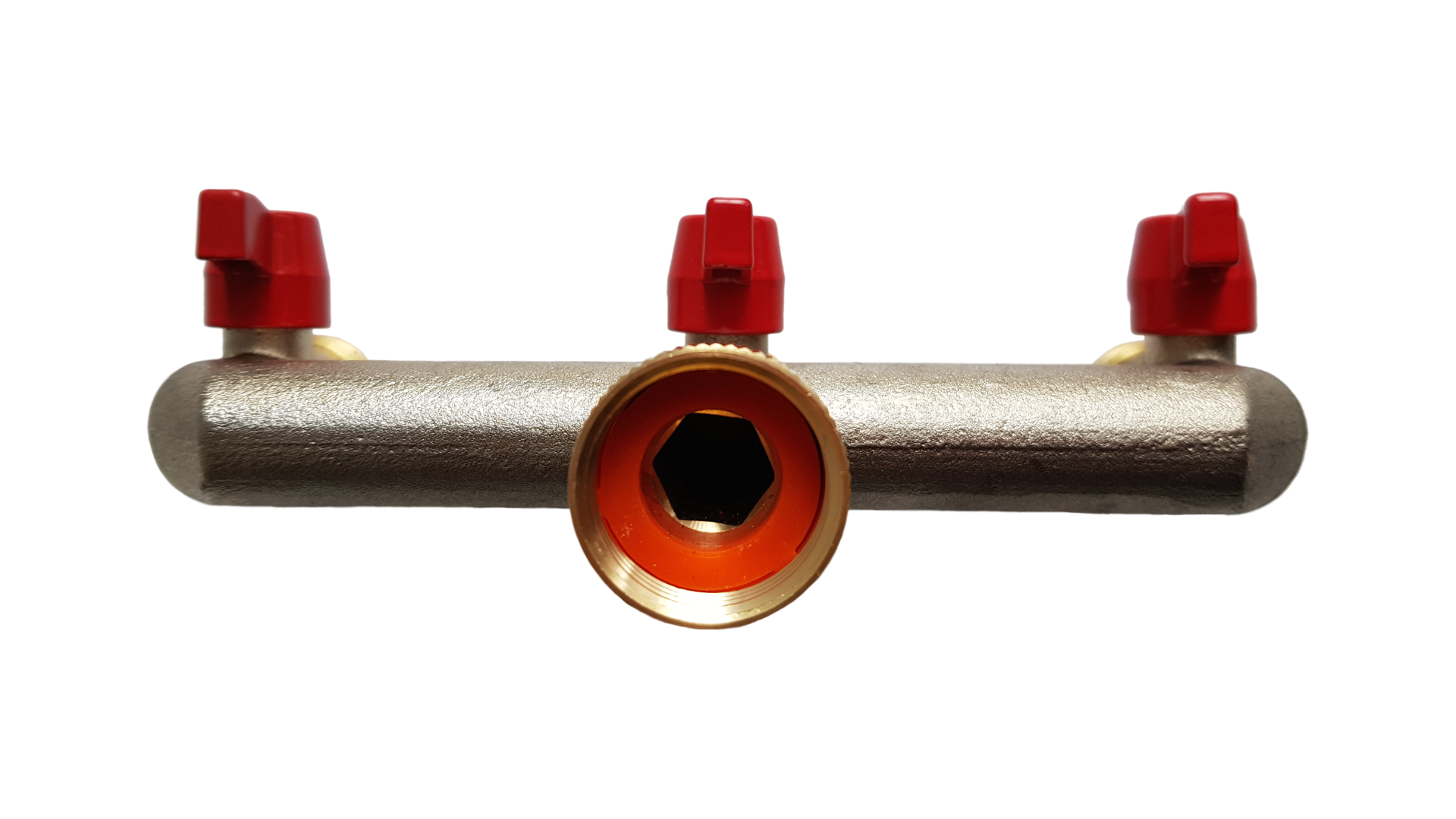 Brass three-way tap splitter with three red valves, 3/4" BSP