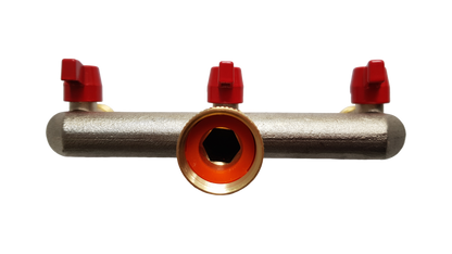 Brass three-way tap splitter with three red valves, 3/4" BSP