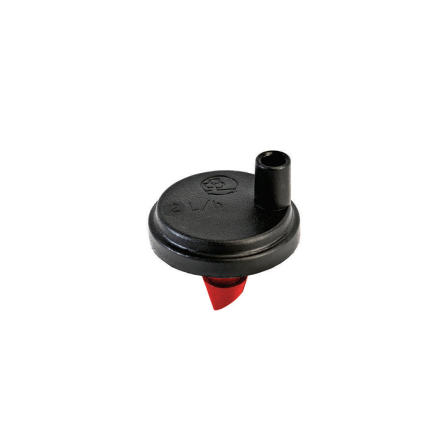 Black dripper with red insert, side view and outlet spout detail