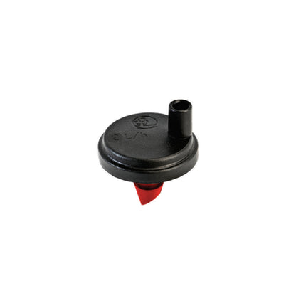 Black dripper with red insert, side view and outlet spout detail