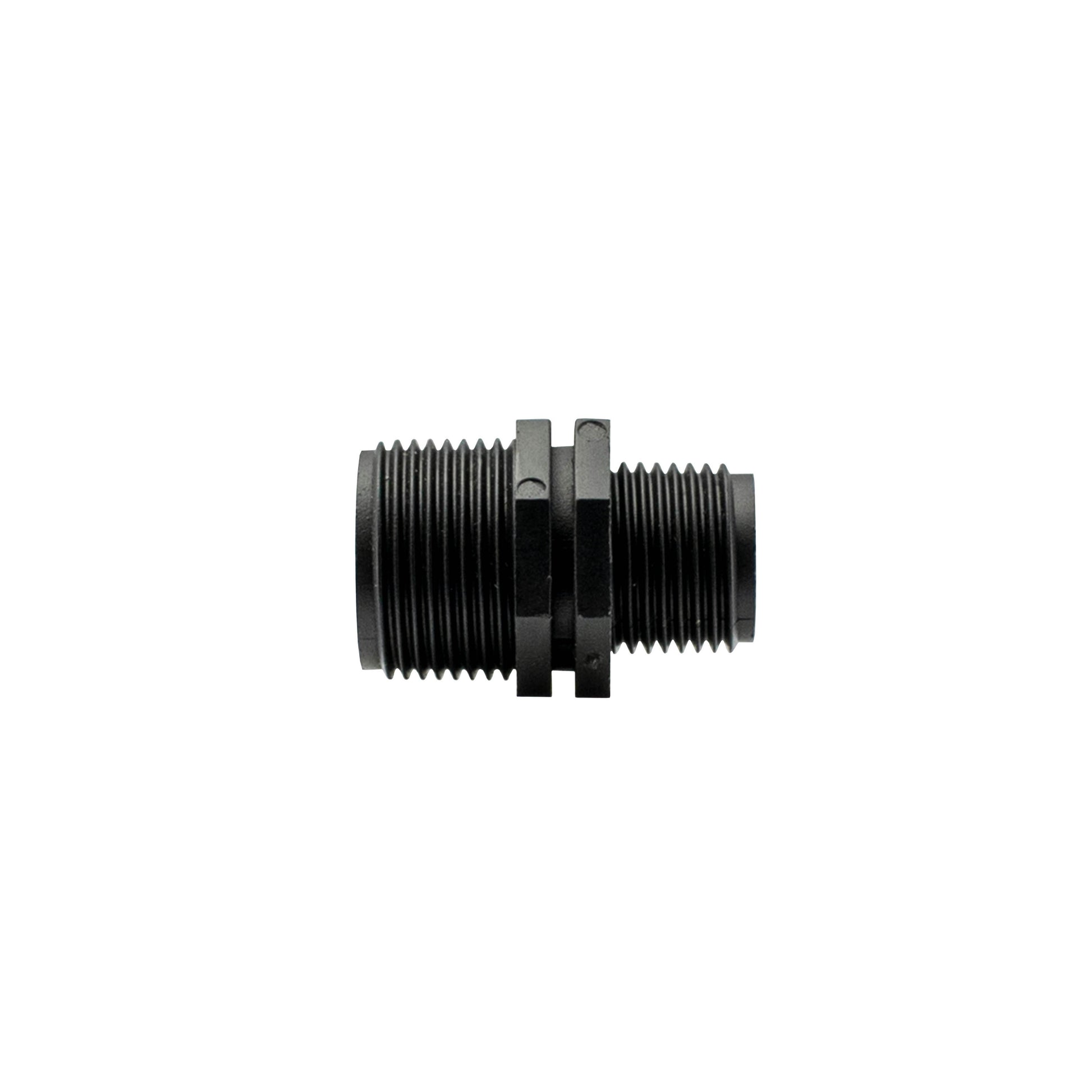 BSP male reducing nipple with hex ends, black twin-thread fitting