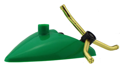 Green leaf-style sprinkler with three brass spray arms and black control ring