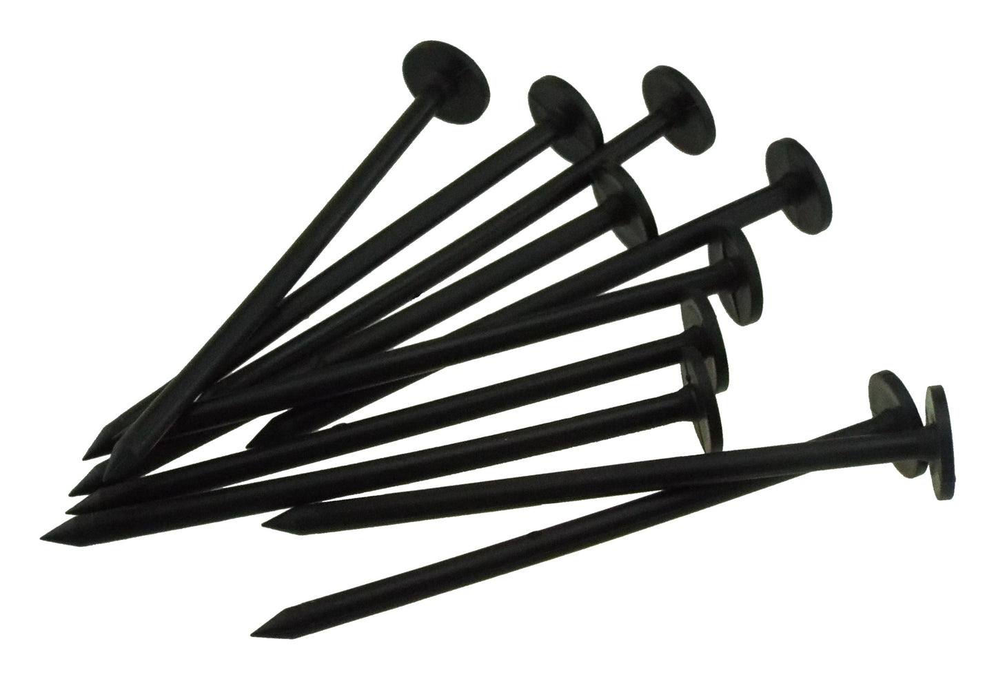 Weed control fabric fixing pegs, long pointed stakes, round caps, dark plastic