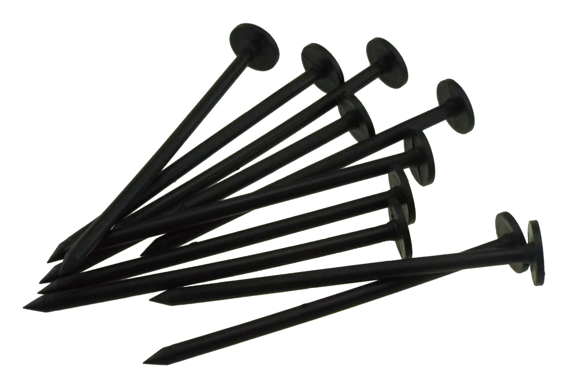 Weed control fabric fixing pegs, long pointed stakes, round caps, dark plastic