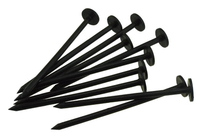 Weed control fabric fixing pegs, long pointed stakes, round caps, dark plastic