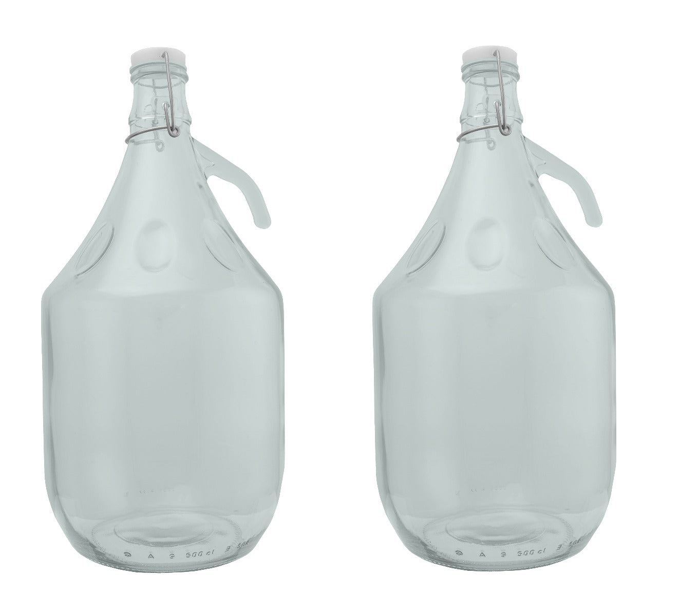 Two clear 5L glass demijohns with swing-top caps and carry handles