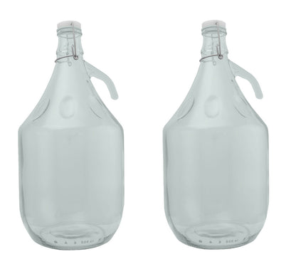 Two clear 5L glass demijohns with swing-top caps and carry handles
