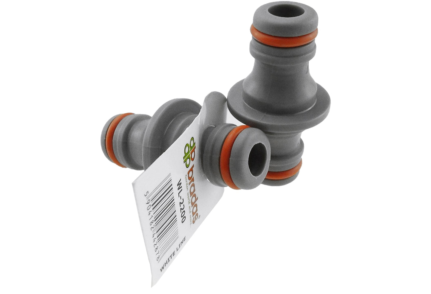 Grey two-way connector with orange O-rings and barcode label
