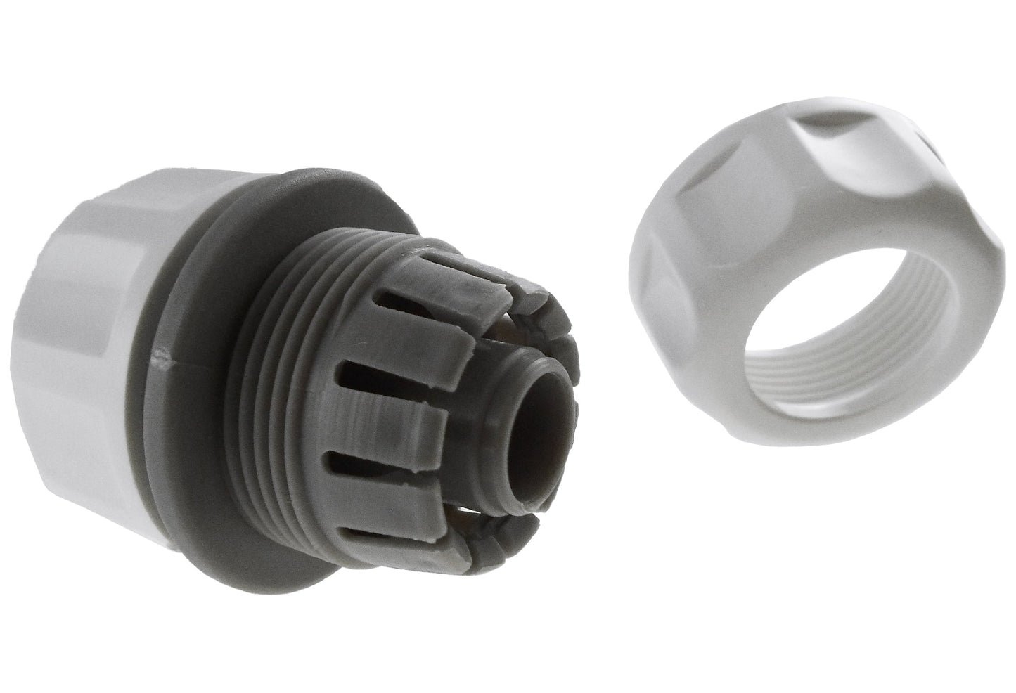 Hose Mender 1/2" WL Gewinde-Einsatz mit Rillen, dazu weiße Gegenmutter