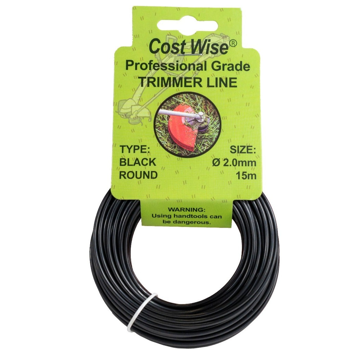 Strimmer line spool, black round 2.0mm x 15m (packaging label)