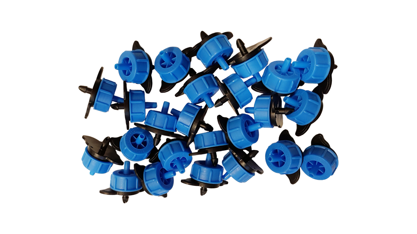 Set of blue Turbo Dripper 2L/h non-pressure compensating emitters with brown bases