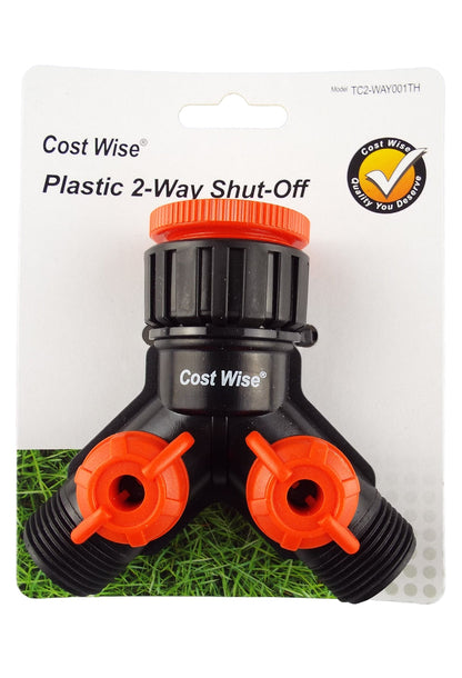 Plastic 2-Way shut-off connector blister card, orange top and two orange valve ports