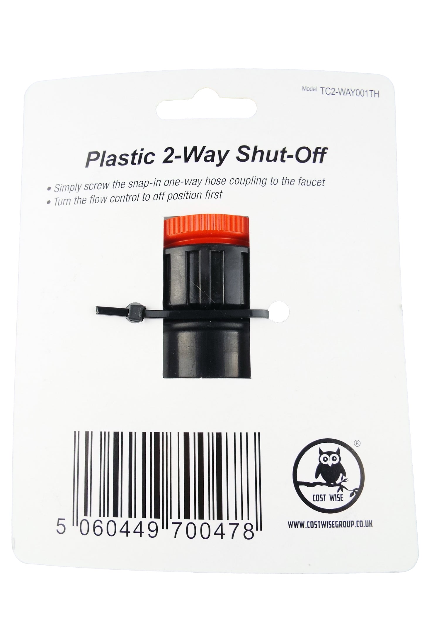 Cost Wise plastic 2-Way shut-off connector, retail card with orange cap and black body