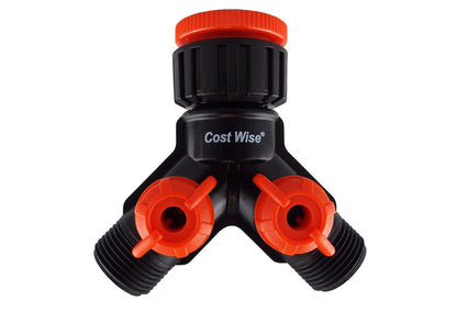 Double Tap connector with valves, black body and orange shut-off outlets, Y shape