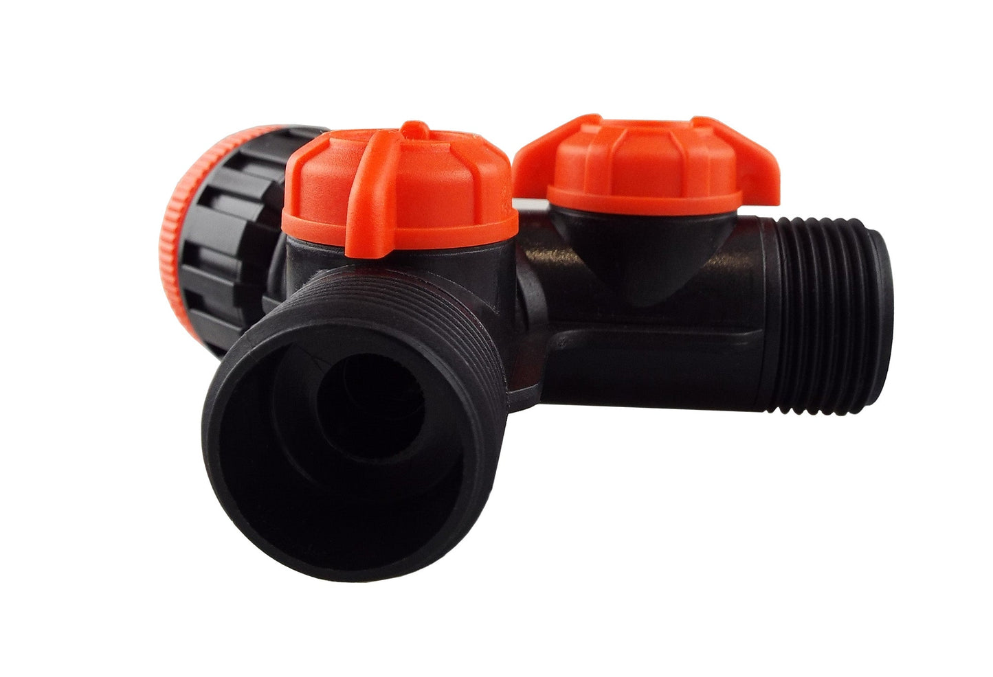 Double Tap connector, black threaded ends with two orange valves on Y body