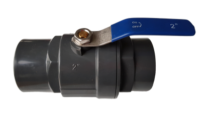 PP 2" BSPF stopcock ball valve, blue handle, black body with 2" marking