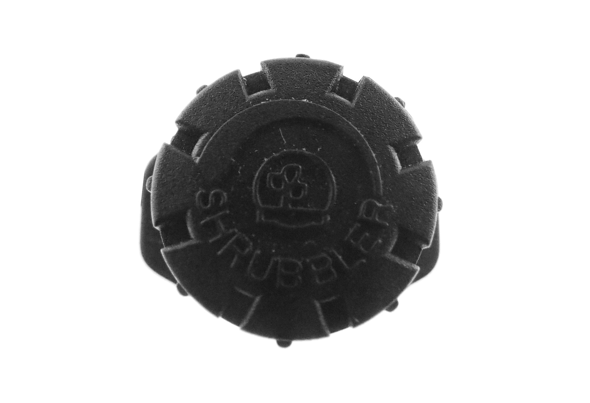 Round sprinkler cap with molded markings, black plastic