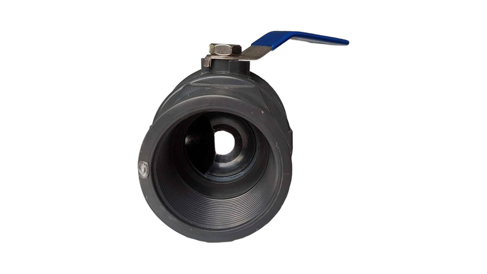 PP 2" BSPF stopcock ball valve, blue lever handle, circular outlet end