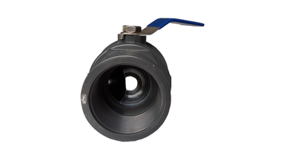 PP 2" BSPF stopcock ball valve, blue lever handle, circular outlet end