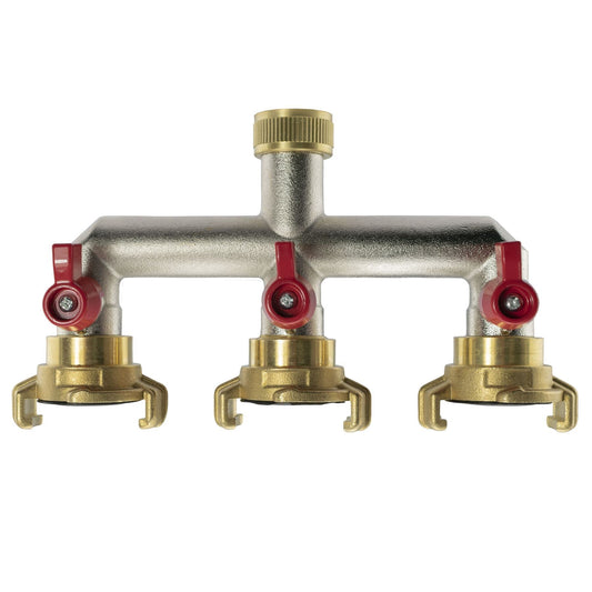 Brass three-way tap splitter with three red GEKA type outlets, 3/4" BSP