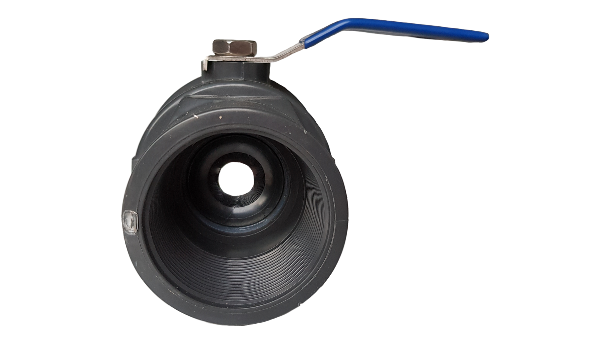 PP 2" BSPF stopcock ball valve with blue lever handle, circular threaded end