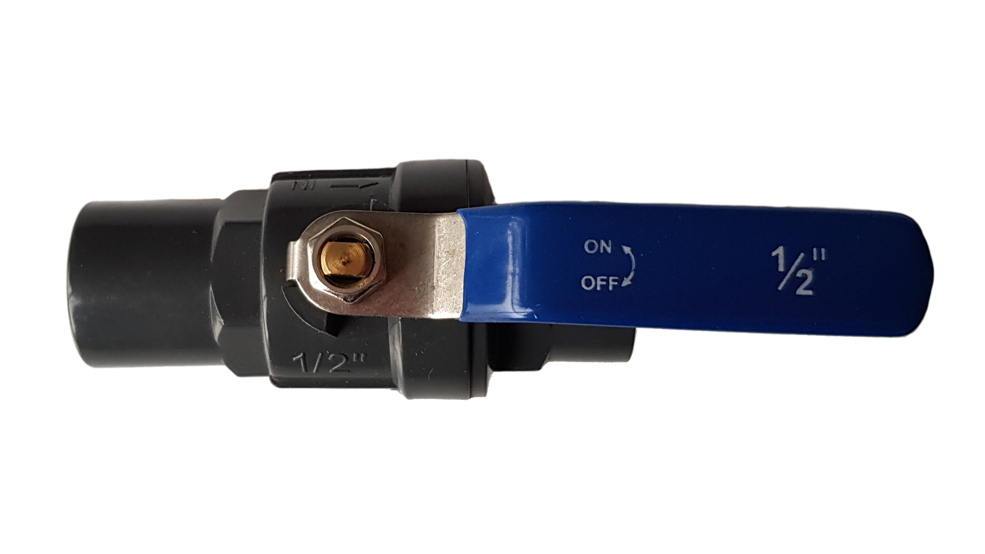 PP stopcock ball valve 1/2" BSPF, blue ON/OFF handle, black body and ports