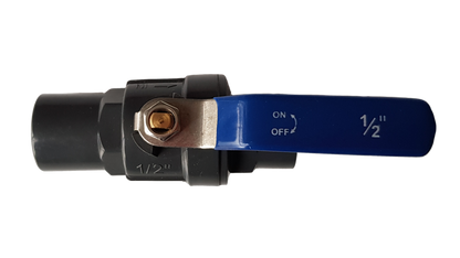 PP stopcock ball valve 1/2" BSPF, blue ON/OFF handle, black body and ports