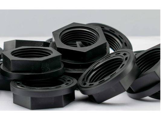 1.5" BSPP back nut, black hex with internal threads