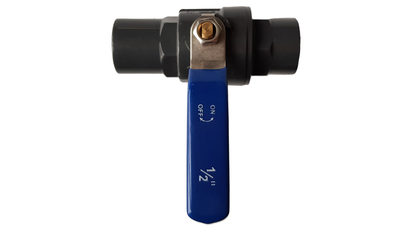 PP stopcock ball valve 1/2" BSPF, blue handle marked ON/OFF, black body