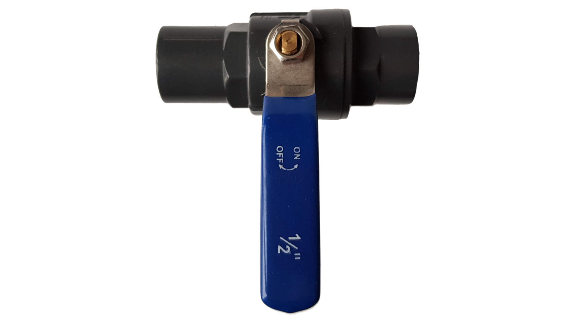 PP stopcock ball valve 1/2" BSPF, blue handle marked ON/OFF, black body
