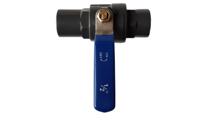 PP stopcock ball valve 1/2" BSPF, blue handle marked ON/OFF, black body