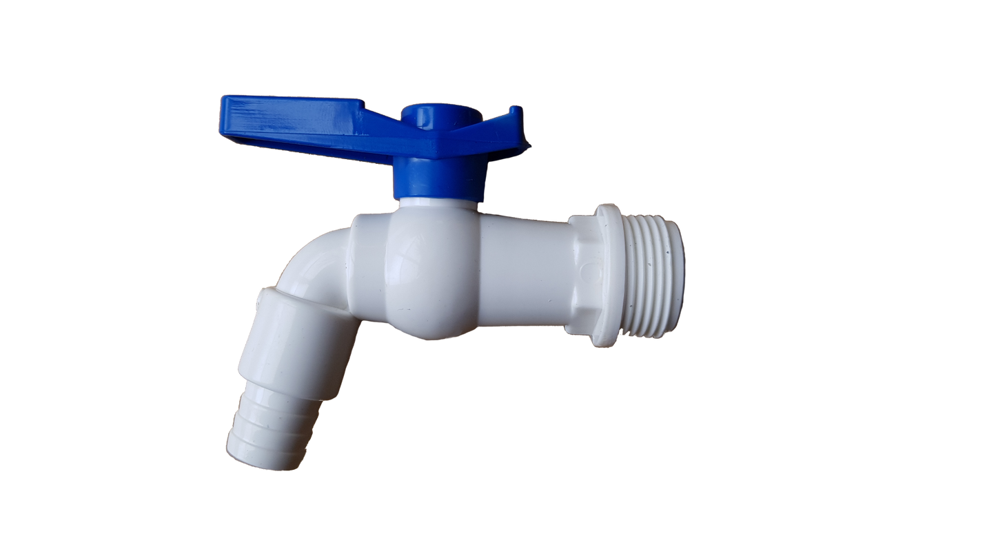 3/4" BSPM plastic tap, white body with blue lever and 90° outlet