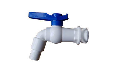 3/4" BSPM plastic tap, white body with blue lever and 90° outlet