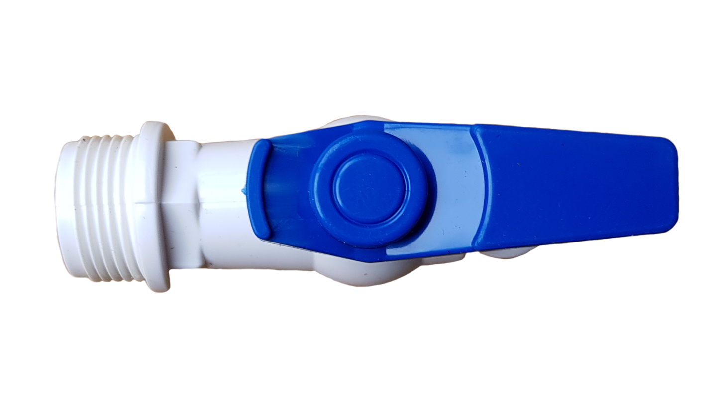 3/4" BSPM plastic tap, close-up of white body and blue lever actuator