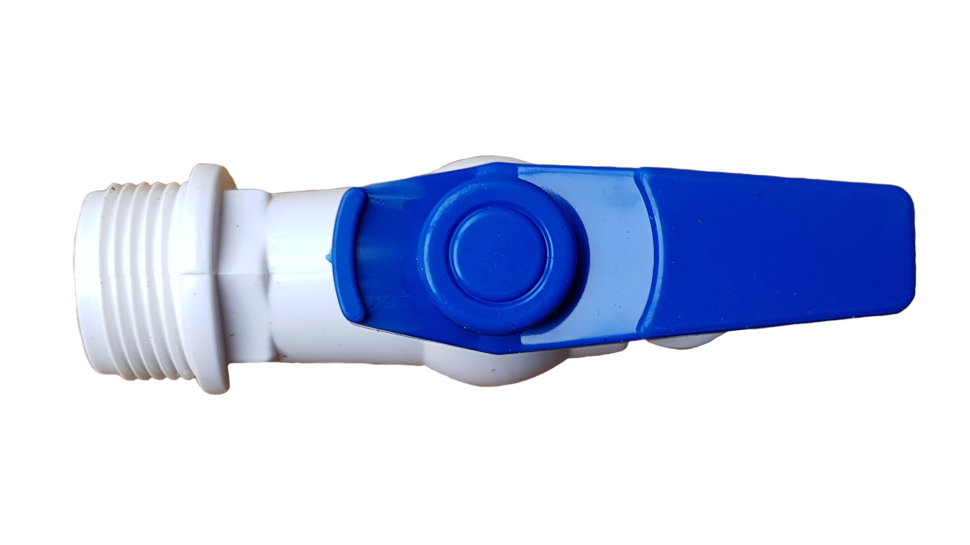 3/4" BSPM plastic tap, close-up of white body and blue lever actuator