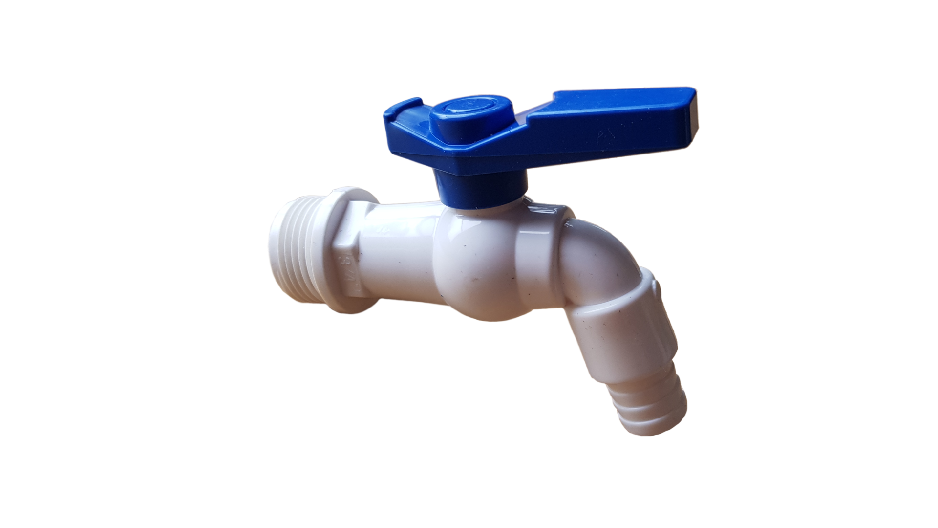 3/4" plastic BSPM tap with blue lever on white valve body and hose-thread outlet