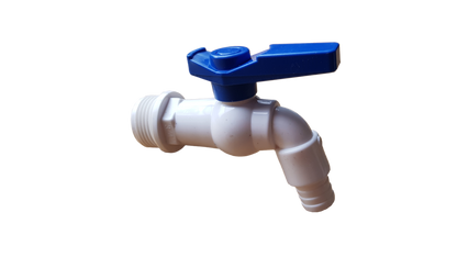 3/4" plastic BSPM tap with blue lever on white valve body and hose-thread outlet