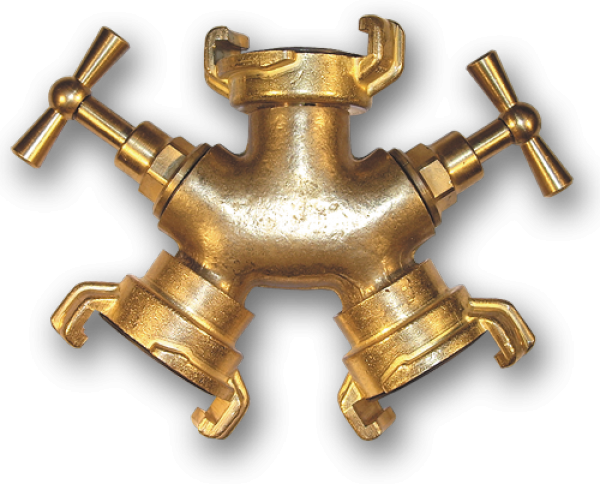 Brass 3-way claw connector with three bib tap outlets, gold finish, metal fittings