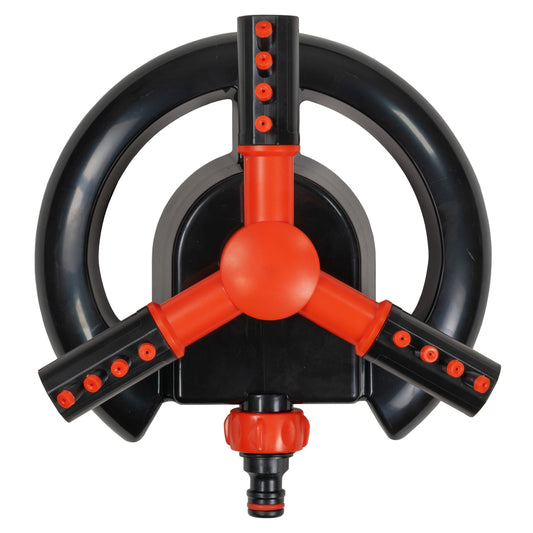 3-arm rotating lawn sprinkler, black base with orange spray arms and nozzles