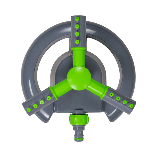 Green and grey 3-arm adjustable rotating lawn sprinkler with base and hose connector